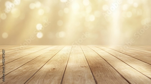 Warm Wooden Floor with Soft Golden Bokeh Lighting Background photo