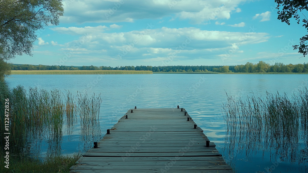 Obraz premium Serene lakeside view with wooden dock and calm water under a blue sky