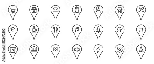 Map pin icon set. It included contexts such as location, place, destination, marker, point, and more. Editable Vector Stroke.
