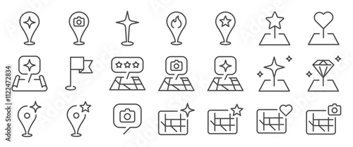 POI icon set. It included contexts such as point of interest, landmark, destination, famous, viewpoint, and more. Editable Vector Stroke.
