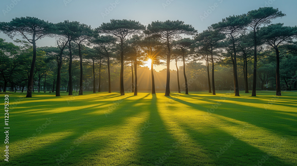 Obraz premium serene landscape featuring tall pine trees casting long shadows on lush green grass during sunset, creating peaceful and tranquil atmosphere