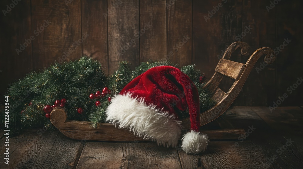 Obraz premium Festive Christmas Sleigh with Santa Hat and Evergreen Decorations on Rustic Wooden Table Surrounded by Holiday Cheer and Warmth