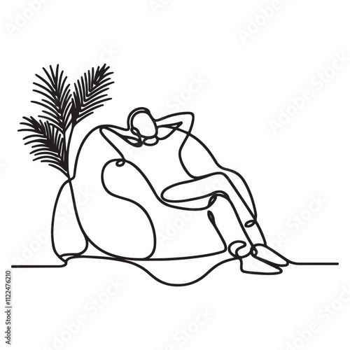 One continuous single drawing line of a bean bag chair with man sitting in a relaxed