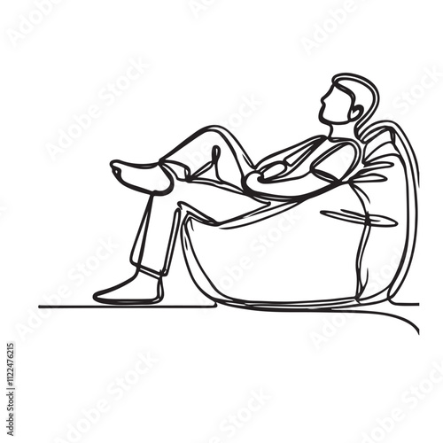 One continuous single drawing line of a bean bag chair with man sitting in a relaxed