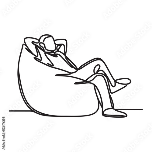 One continuous single drawing line of a bean bag chair with man sitting in a relaxed