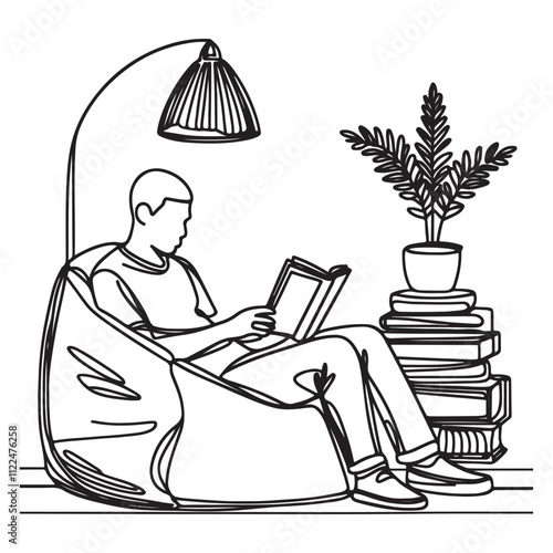 One continuous single drawing line of a bean bag chair with man sitting in a relaxed