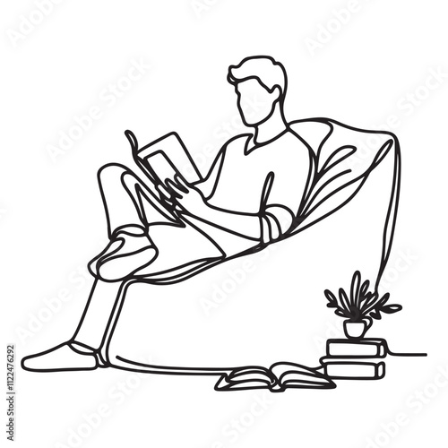 One continuous single drawing line of a bean bag chair with man sitting in a relaxed