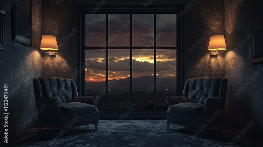 Fototapeta premium Sunset View from Dark Room with Armchairs