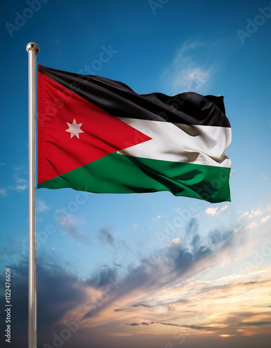 Jordan flag waving at cloudy sky background. Kingdom of Jordan flag.