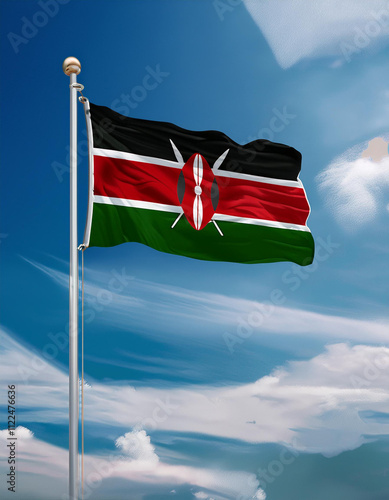 Kenya national flag waving in beautiful clouds.