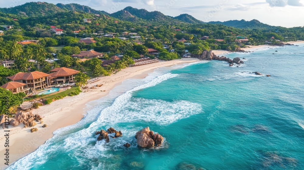 Fototapeta premium Serene Aerial View of Tropical Beach with Lush Greenery and Waves