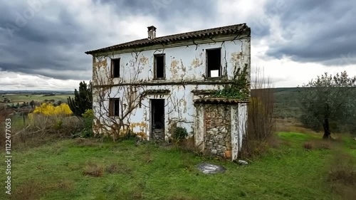 Rural abandoned buildings scattered across countryside landscapes, left untouched for decades 4k vdo photo