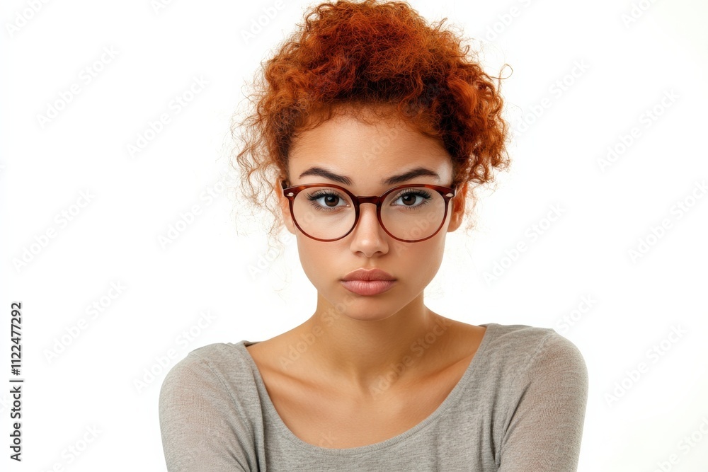 Obraz premium Portrait of a Young Woman with Curly Red Hair and Glasses on a White Background