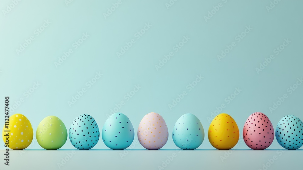 Obraz premium Colorful Easter Eggs in a Row on Soft Blue Background