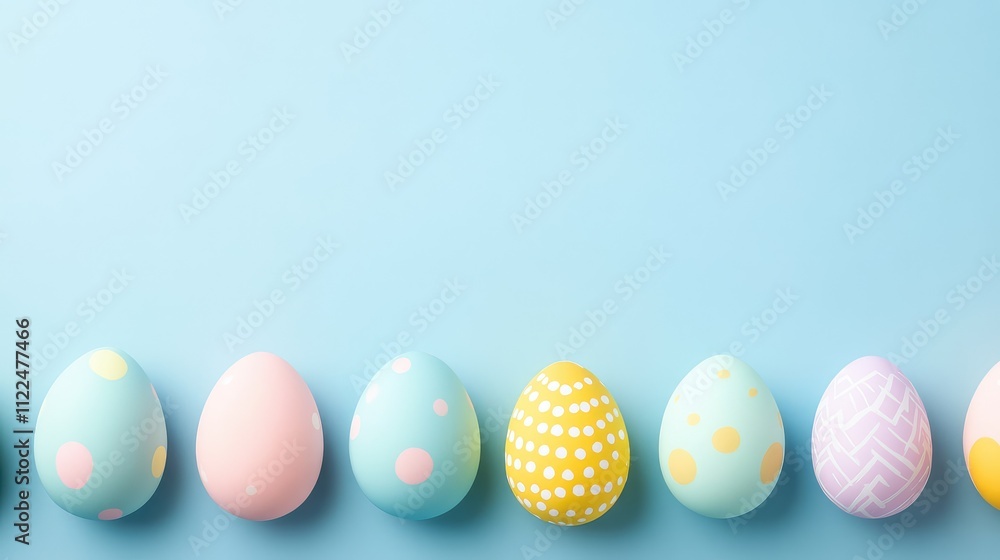 Fototapeta premium Colorful Decorative Eggs on Blue Background for Spring Celebrations