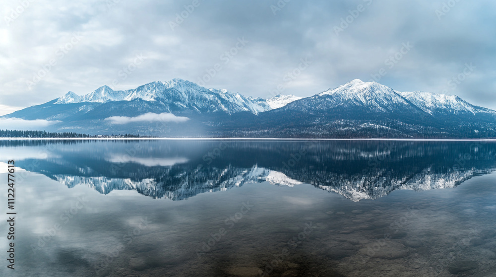 Fototapeta premium Snow-capped mountains reflect in calm lake water under cloudy sky at dawn