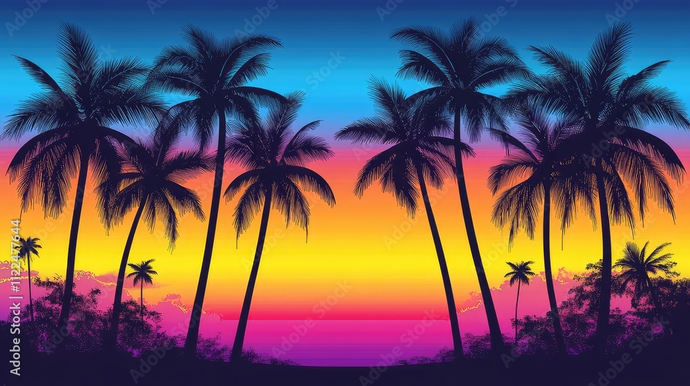 Fototapeta premium Vibrant Sunset Over Tropical Silhouette of Palm Trees
