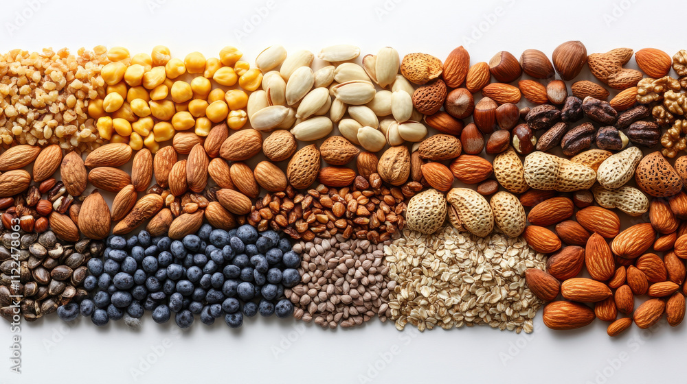 Naklejka premium vibrant collection of various nuts and seeds arranged neatly on white background, showcasing their diverse shapes and colors, perfect for healthy snacking or culinary use
