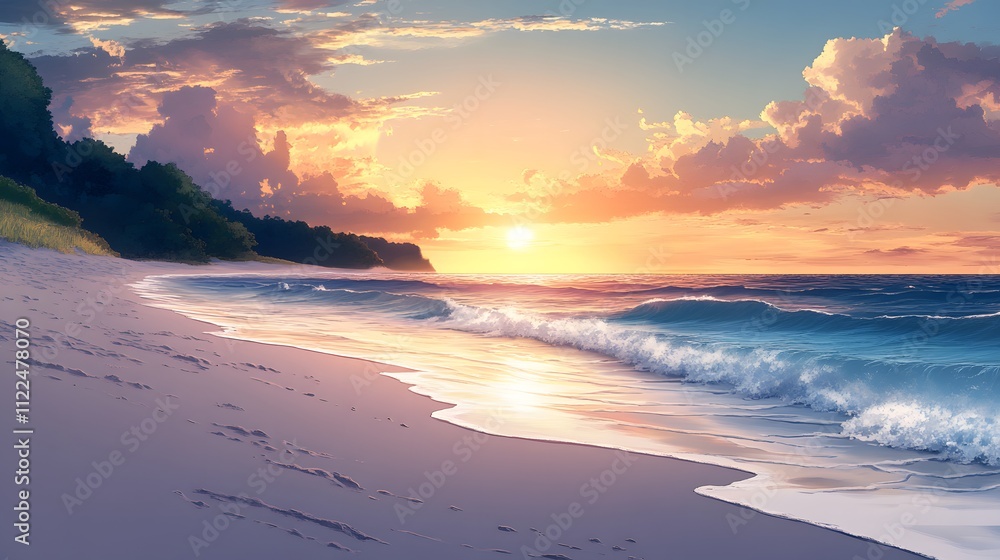 Sunset Over a Sandy Beach with Foamy Waves Sunset Over a Sandy Beach with Foamy Waves