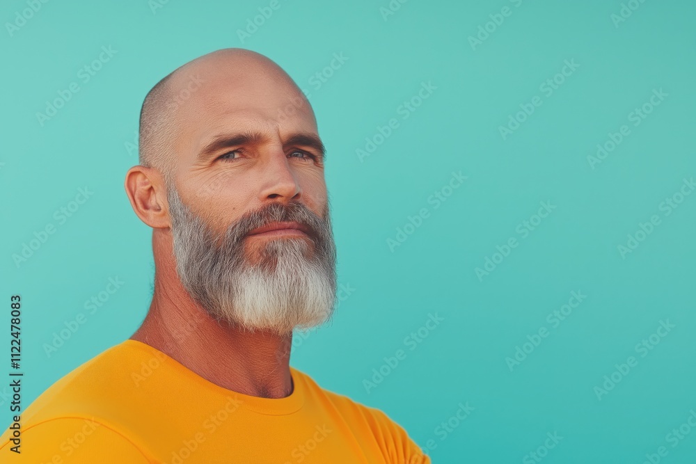 A confident bearded mature man on light blue copy space. Beard grooming concept