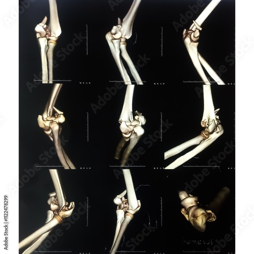 CT scan 3D image of an elbow joint showing dislocation and fracture after an accident female patient. film x-ray. medical concept. photo