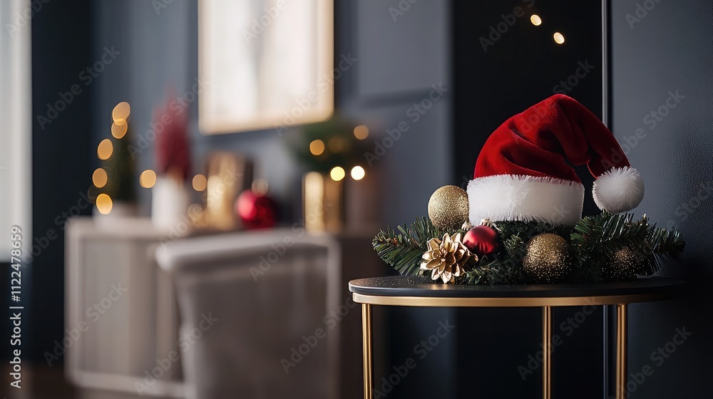 Fototapeta premium Cozy Holiday Decor featuring a Festive Santa Hat on a Table with Christmas Ornaments and a Tasteful Background in a Warm and Inviting Home Environment