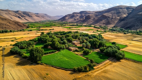 aerial view of lush green oasis with green trees and cultivated fields sharply contrasting against the dry, rocky landscape around photo