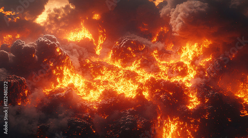 Red glowing lava flows from a volcano. View of the crater from above. Steam and smoke near the crater. cooled magma around craters. clouds in the sky at day