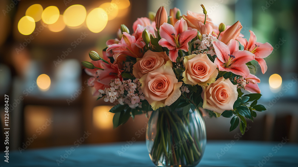 Fototapeta premium bouquet of roses and lilies in a glass vase, set on a table with soft lighting