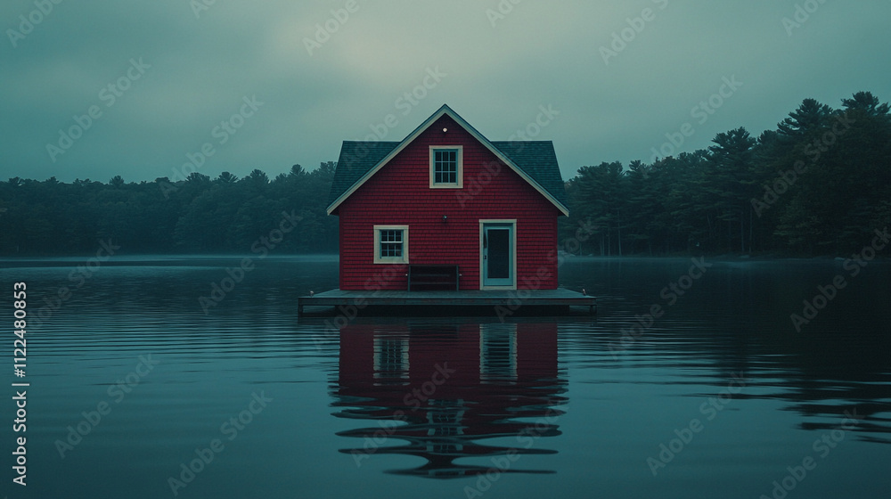 Obraz premium Red house on a calm lake surrounded by trees in misty evening light