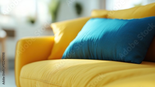 Cozy Yellow Sofa with Teal Pillow in Modern Living Room photo