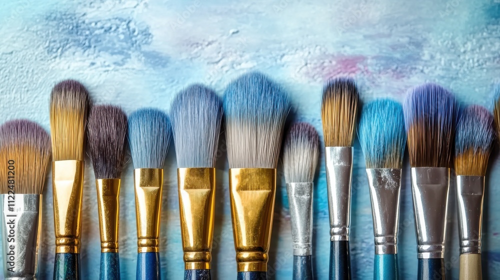 Fototapeta premium Oil painting brushes and applied oil paintings