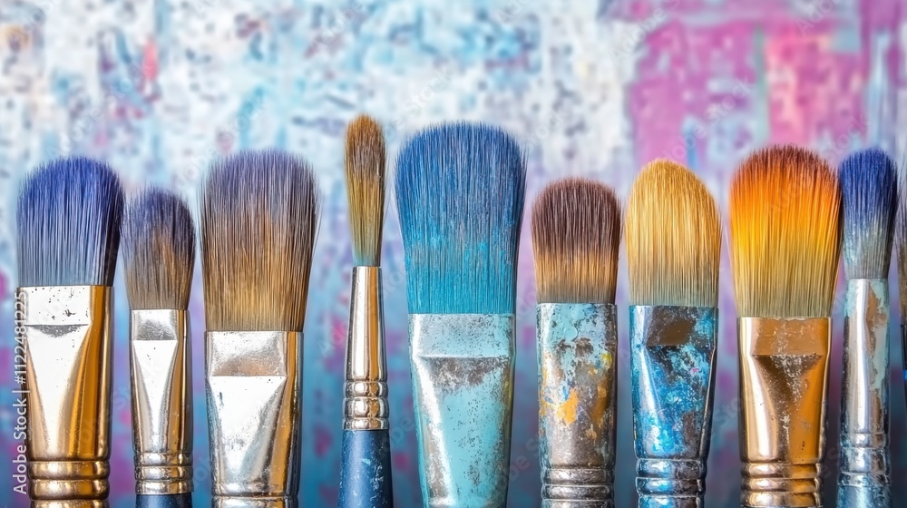 Fototapeta premium Oil painting brushes and applied oil paintings