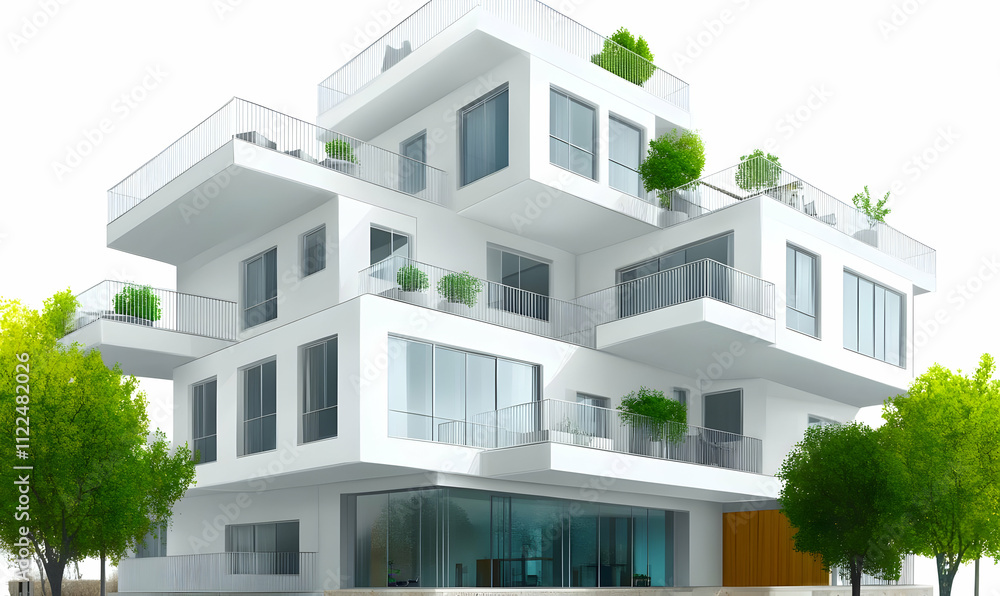 Modern multi-level building with balconies and greenery. Modern multi-level building with balconies and greenery.