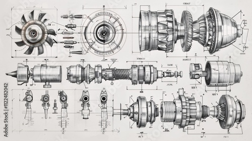 Vintage technical blueprint schematic of a mechanical engineering machinery diagram drawing  Engineering schematic with various industrial machine parts and components