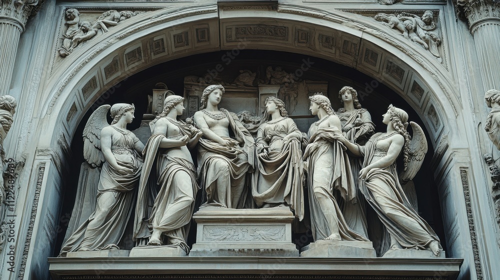 Obraz premium Statues of figures carved from stone on ancient architecture