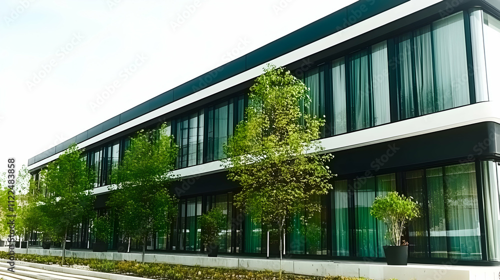 Fototapeta premium Modern building with large windows and surrounding greenery.