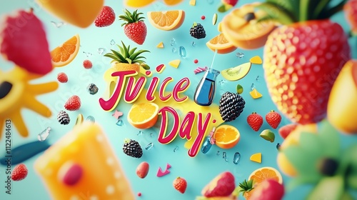 Fun banner with colorful fruits and summer elements, celebrating "Juice Day."