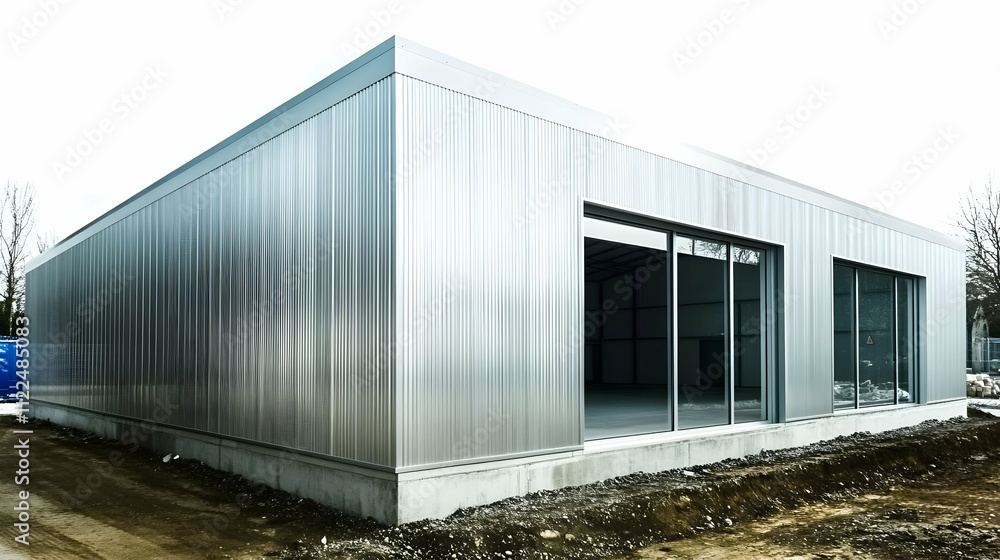 Fototapeta premium Modern metal building with large windows, designed for functionality and aesthetics.