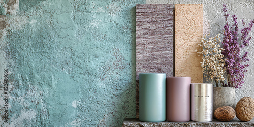 A vase with purple flowers sits on a table next to a wall with a green background. The vase is the focal point of the image, and the flowers add a touch of color and life to the scene