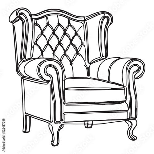 One continuous single drawing line of a classic armchair with soft cushions drawn
