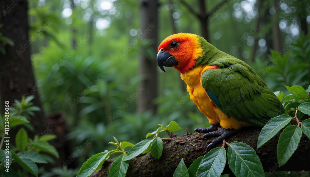 Obraz premium Sun parakeet perched on branch in dense green jungle