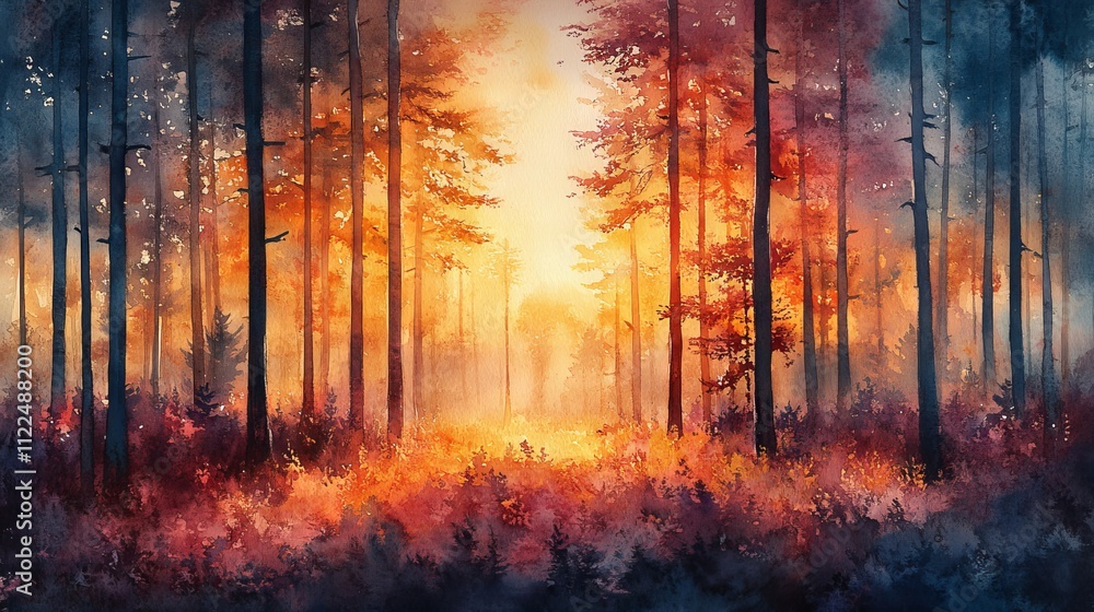 Obraz premium Watercolor painting of a forest. Suitable for nature themed designs, posters, and greeting cards.
