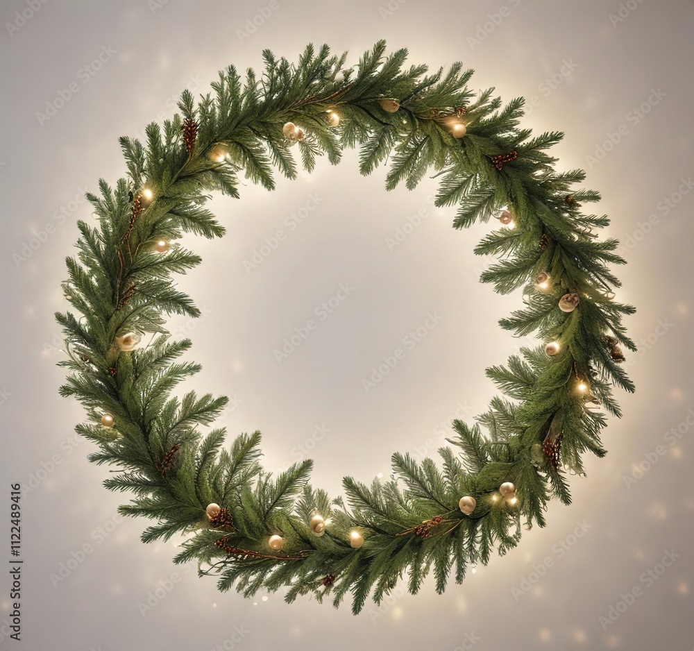 Fototapeta premium Fir tree branches arranged in a circular shape on a white background with Christmas lights and decorations , festive, ornaments, light