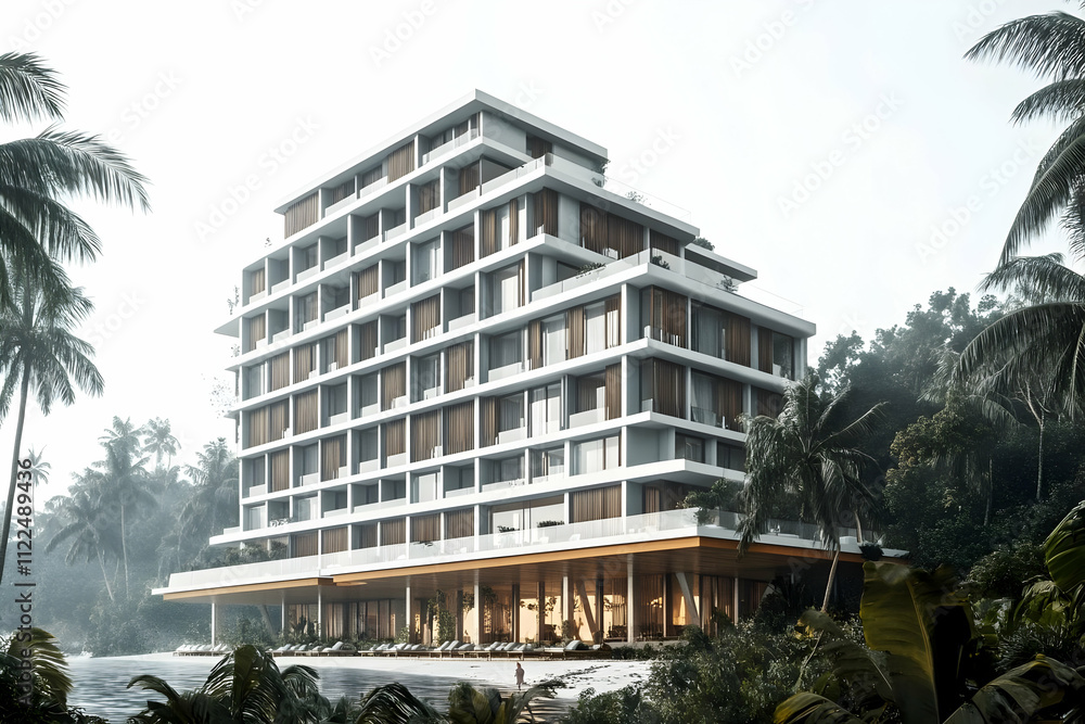 Obraz premium Modern hotel building surrounded by lush greenery and palm trees near a beach.