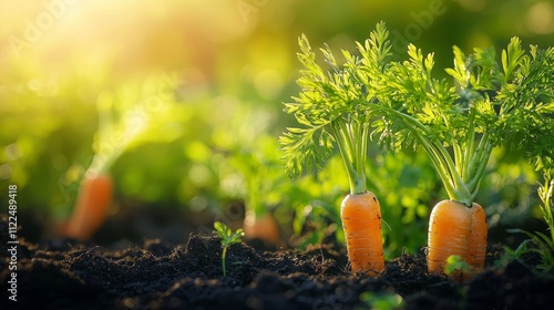 Carrots growing in soil ready for harvest under sunlight photo