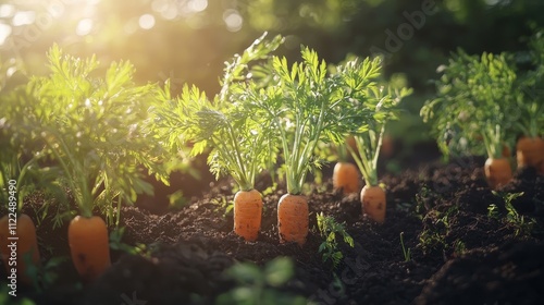 Carrots growing in soil ready for harvest under sunlight photo