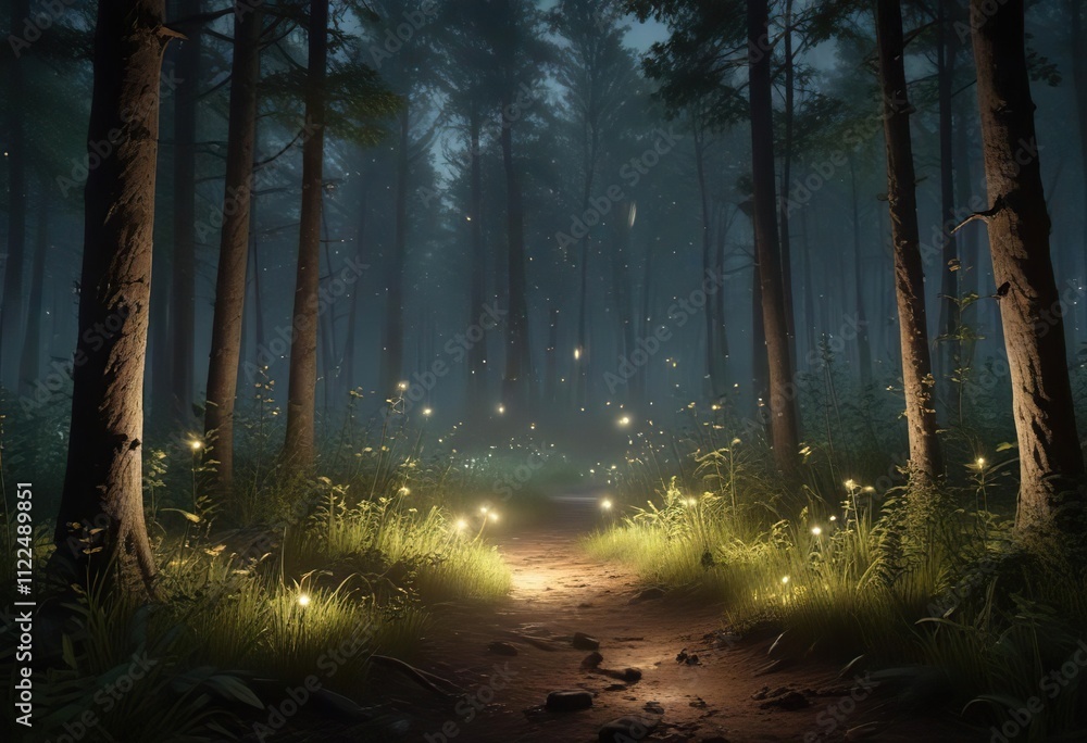 Obraz premium Flickering lights of fireflies in a forest clearing, , illuminated space, bioluminescence