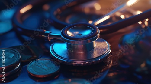 Healthcare Costs: Stethoscope and Coins Reflecting the High Price of Medical Care photo