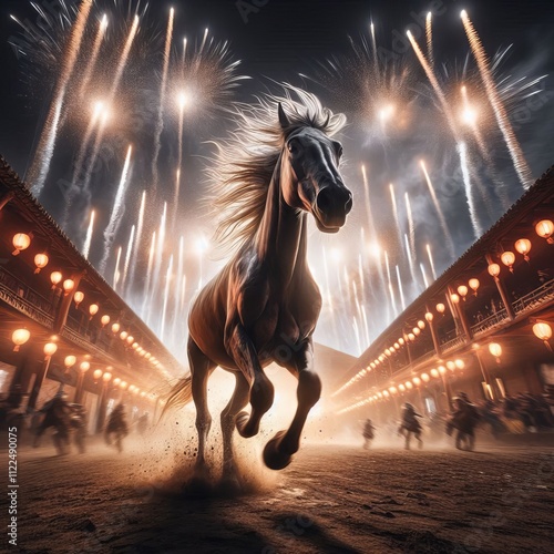 Capture a horse running in a courtyard with fireworks with blurr photo